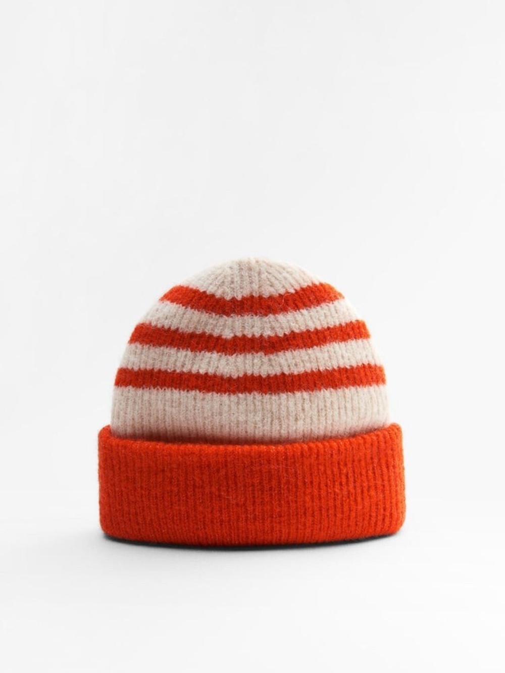 Zara Orange & Cream Striped Fold-Over Beanie